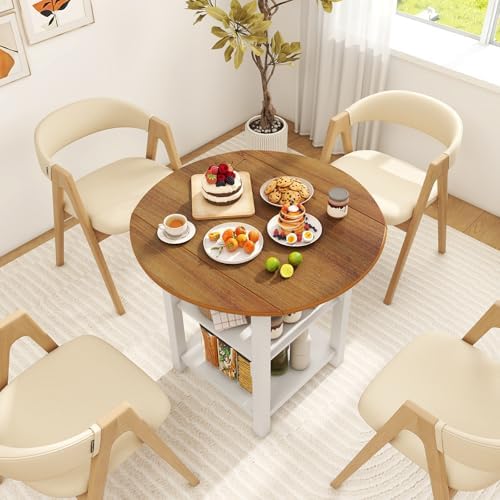 COSTWAY Folding Round Dining Table, Drop Leaf Table with 2 Shelves for Small Spaces, Foldable Office Table with 2-Layer Storage Rack, Versatile Console Table for Living Room, Dining Room, Kitchen