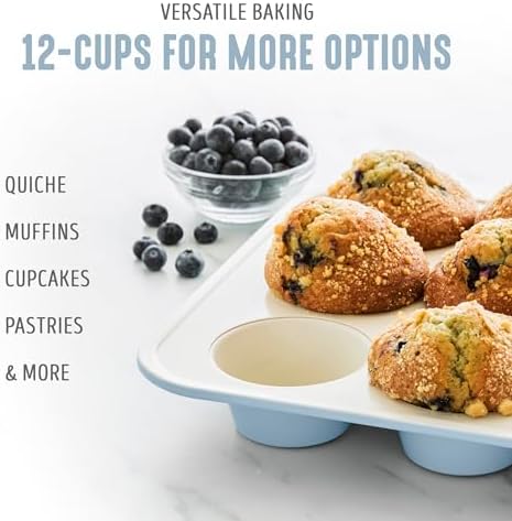 GreenLife 12-Cup Muffin Pan, PFAS-Free Healthy Nonstick Baking Tray, 11.4" x 1.9" x 15.9", Durable Ceramic Bakeware, Cupcakes, Egg Bites, Tarts, Brownies, Blue Haze