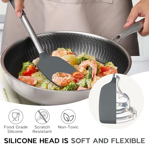 Onader 10 Pieces Silicone Kitchen Utensils Set, Cooking Utensils with Holder and Heat Resistant Stainless Steel Handle for Nonstick Cookware -Gray