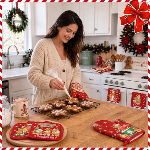 13 Pcs Gingerbread Man Kitchen Set, Towel Rug Valance Mitts