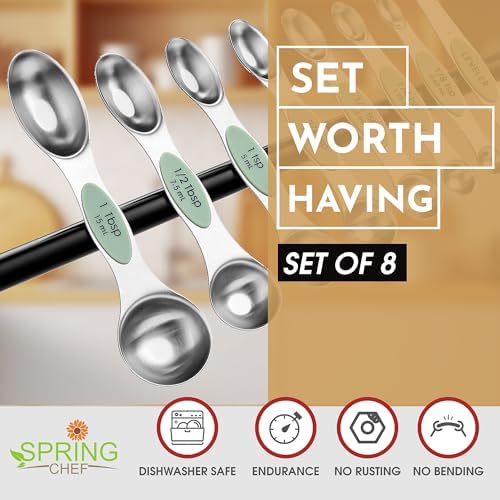 Spring Chef Stainless Steel Magnetic Measuring Spoons Set of 8, Pistachio