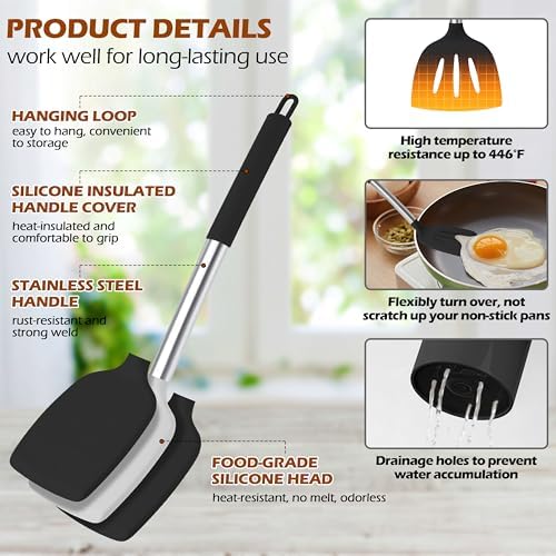 HaWare 29 PCS Silicone Cooking Utensils Set, Heat Resistant Kitchen Utensils Set with Stainless Steel Handle, Spatula Sets with Holder and Hooks, Kitchen Tools Gadgets for Nonstick Cookware -Black