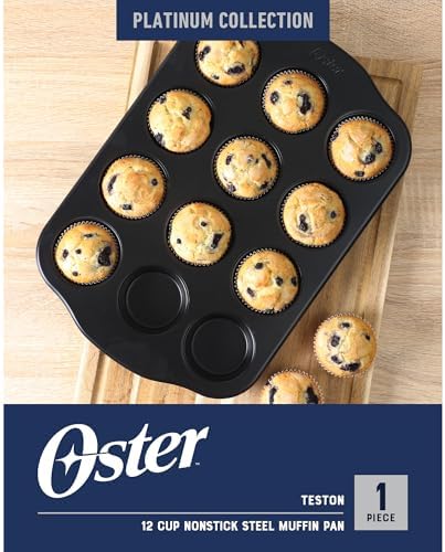 Oster Teston 12-Cup Muffin Pan, Nonstick Carbon Steel Cupcake Baking Tray, Matte Black, PFAS-Free, Easy Release, Oven-Safe Bakeware