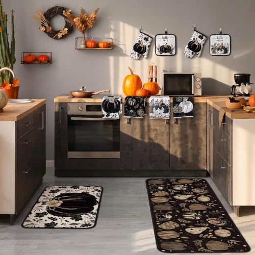 Fanfanwin 10 Pcs Fall Pumpkin Kitchen Decor Set Kitchen Towels Pot Holders Oven Mitts and Rugs Set Thanksgiving Towels for Baking Cooking BBQ Autumn Home(Black Pumpkin,Black, White, Brown,10)