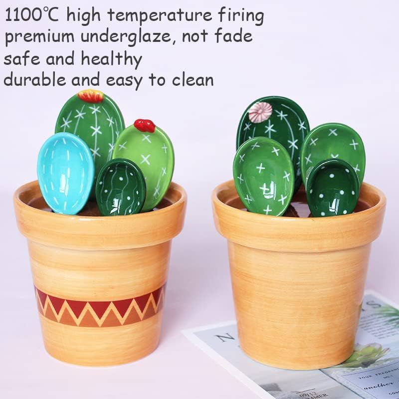 Cactus Measuring Spoons Set in Pot Ceramic Cute Measuring Cups and Spoons Unique Baking Gifts for Dry Wet Ingredients Dishwasher Safe 1 Tbsp 1 TSP 1/2 TSP 1/4 TSP 1 Cup Green