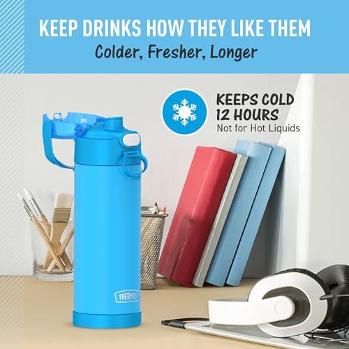 THERMOS FUNTAINER 16 Ounce Stainless Steel Vacuum Insulated Bottle with Wide Spout Lid,Electric Blue,(Pack of 6)