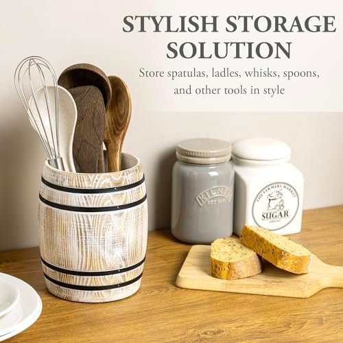 MyGift Whitewashed Wood Wine Barrel Kitchen Utensil Holder Crock