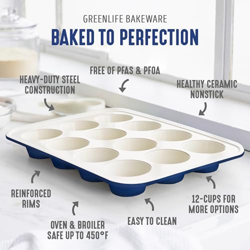 GreenLife 12 Cup Ceramic Nonstick Muffin Pan, Navy