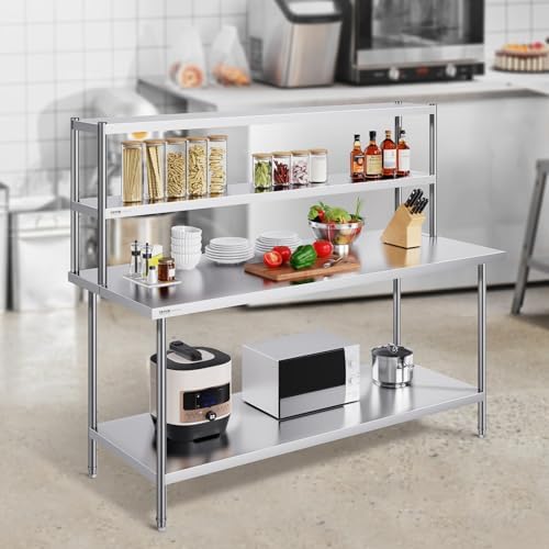 VEVOR Double Tier Stainless Steel Overshelf, 12 x 72 Inch Double Deck Height Adjustable Prep Work Table for Kitchen, Restaurant and Workshop