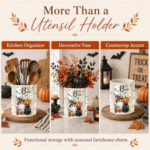 Halloween Cute Ghost Kitchen Utensil Holder, Pumpkin Talavera Large Ceramic Utensil Holder For Countertop Organizer, Summer 6.3'' Cooking Utensil Crocks Scarry Decor Utensil Storage Cup for Kitchen