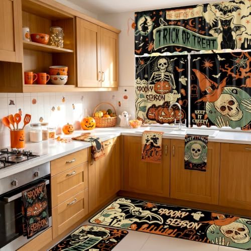 13 Pcs Vintage Gothic Halloween Kitchen Decor, Kitchen Rugs Curtains Set