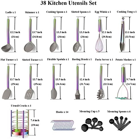 38 Piece Silicone kitchen Cooking Utensils Set with Utensil Crocks, Silicone Head and Stainless Steel Handle Cookware, Kitchen Tools for Utensil Set, Non-Stick kitchen Gadgets,Dishwasher Safe(Rainbow)
