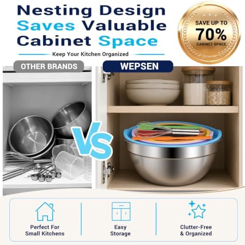 WEPSEN Mixing Bowls with Lid Set, 25PCS Kitchen Utensils Metal Bowl Stainless Steel Nesting Bowls, Measuring Cups and Spoons, Egg Whisk for Baking Prepping Cooking Serving Supplies