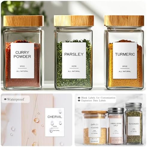 201 Spice Jar Labels - Preprinted Minimalist Waterproof Stickers for Kitchen Jars, Herb & Seasoning Labels for Pantry Organization