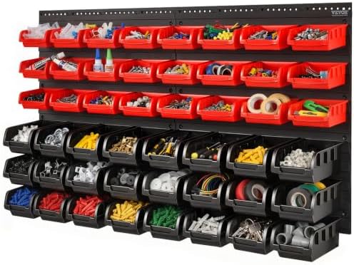 VEVOR 48-Bin Wall Mounted Storage Bins Parts Rack Organizer Garage Shop Tool Organizer for Screws, Nuts, Bolts, Nails, Beads, and Small Hardware Parts, With Wall Panels
