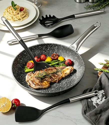 Large Silicone Cooking Utensils Set, 10Pcs Nonstick Kitchen Utensil Set with Stainless Steel Handle, BPA Free Spatula Set with Turners Spoon Ladle Skimmer(Black/Silver)