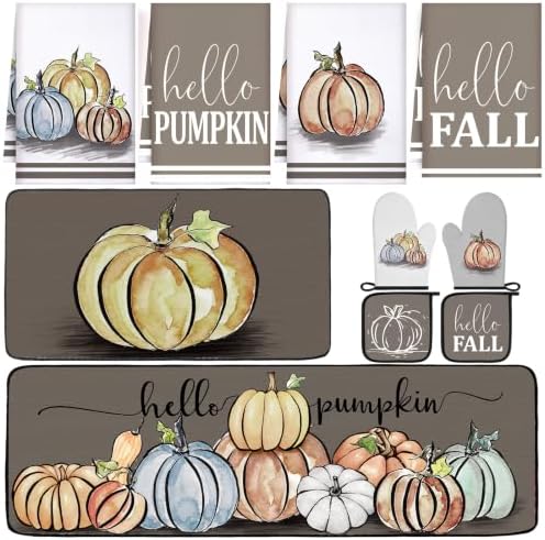 Fanfanwin 10 Pcs Fall Pumpkin Kitchen Decor Set Kitchen Towels Pot Holders Oven Mitts and Rugs Set Thanksgiving Towels for Baking Cooking BBQ Autumn Home(Minimalist Style Pumpkin,Light Brown,10)