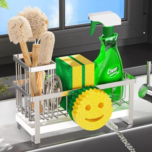 Sponge Holder for Kitchen Sink,Sink Caddy with Removable Dish Brush Holder,Self-Draining Kitchen Countertop Organizers and Storage Essentials,Soap Dispenser Organize and Home Decor-Silver