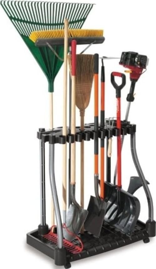 Rubbermaid Garage Tool Tower Rack Easy to Assemble Wheeled Organizes up to 40 Long-Handled Tools/Rakes/ Brooms/Shovles in Home/House/Outdoor/Shed Black