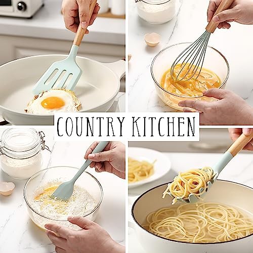 Country Kitchen Non Stick Silicone Utensil Set with Rounded Wood Handles for Cooking and Baking, 38 Piece Set, Mint