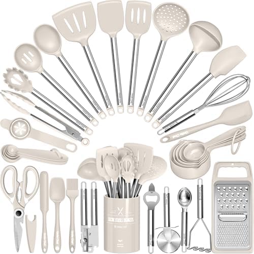 Kitchen Utensils Set-Umite Chef 34 Pcs Silicone Cooking Utensils Set for Nonstick Cookware-Silicone Spatulas Set, Stainless Steel Handle-Khaki Kitchen Gadgets Tools, Pots and Pans Accessories