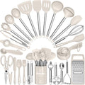 Kitchen Utensils Set-Umite Chef 34 Pcs Silicone Cooking Utensils Set for Nonstick Cookware-Silicone Spatulas Set, Stainless Steel Handle-Khaki Kitchen Gadgets Tools, Pots and Pans Accessories