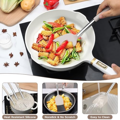 Onader Silicone Kitchen Utensils Set of 10, Cooking Utensils with Holder and Heat Resistant Stainless Steel Handle for Nonstick Cookware - Khaki