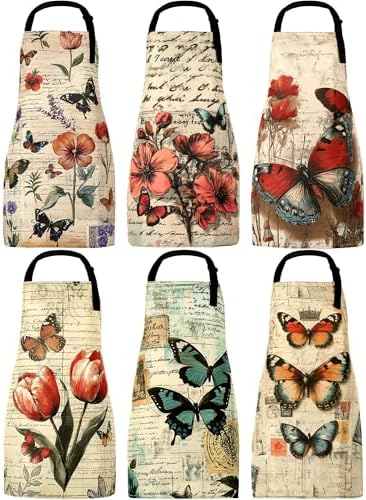 Bencailor 6 Pcs Vintage Floral Butterfly Aprons Gift for Women with Pockets