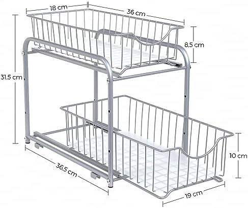SONGMICS 2-Tier Pull Out Cabinet Organizers, Under Sink Organizer, Bathroom Organizer and Storage, Sliding Basket Drawers, Stackable for Kitchen, Bathroom, Metallic Silver UKCS017E01