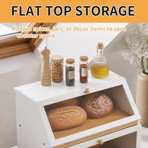 HOMEKOKO Double Layer Wood Bread Box for Kitchen Counter,Keep Fresh, White
