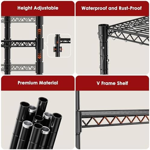 Simple Deluxe 4-Tier Heavy Duty Adjustable Storage Shelf with Wheels, 23.23”W x 17.63”D x 47.24”H, Wide Mobile Metal Shelving Unit, Easy Assembly for Living Room, Office,Black
