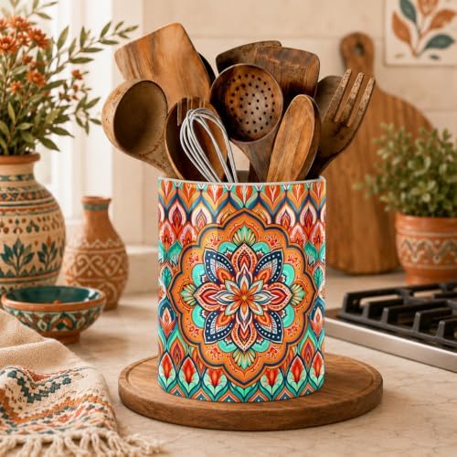 Orange Bohemian Kitchen Utensil Holder, Boho Style Ceramic Utensil Holder For Countertop Organizer, 6.3'' Winter Cooking Utensil Crocks Festivel Decor Utensil Storage Cup for Spatulas, Spoons