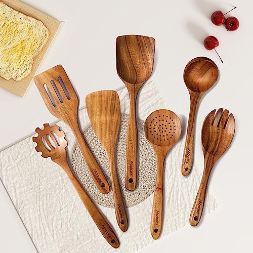 Mooues Wooden Kitchen Utensil Set, 12 Piece Natural Teak with Spoon Rest