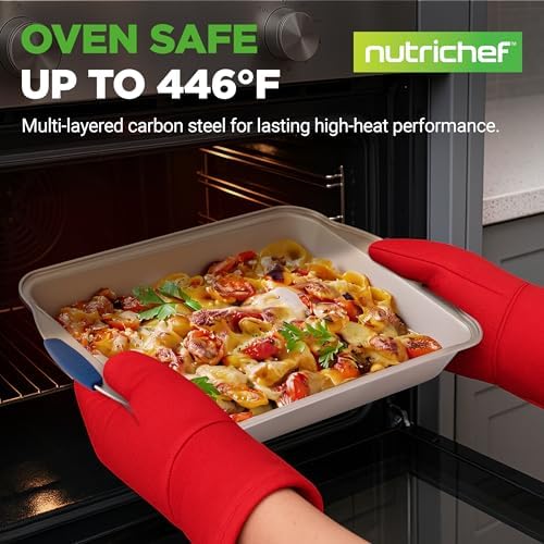NutriChef Kitchen Oven Baking Pans - Deluxe Nonstick Gold Coating Inside & Outside Carbon Steel Bakeware Set With Blue Silicone Handles, Durable & Reliable Cookie Sheet Oven Pan Style