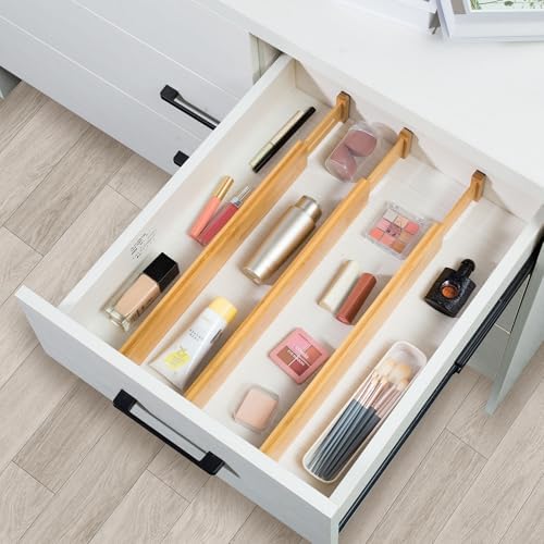 VaeFae 12-Pack Adjustable Bamboo Drawer Dividers, Expandable Drawer Organizer for Kitchen Utensils, Clothes, Bathroom, Office – Fits Drawer Interiors 16.6" to 21.8"