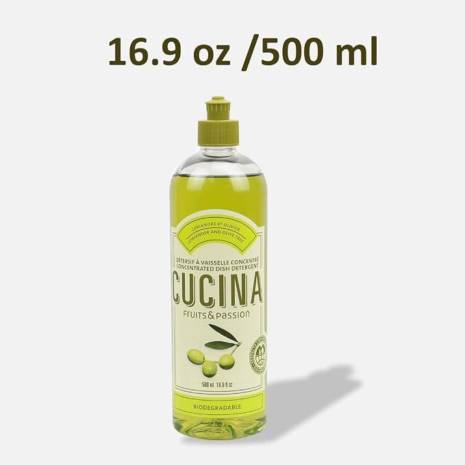 Cucina Fruits & Passion Concentrated Dish Soap, Coriander & Olive Tree, Olive Oil Enriched Liquid Dishwashing Detergent, Vegan & Biodegradable Formula, Refillable Recyclable Bottle,16.9 fl oz (500 ml)