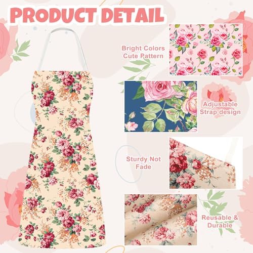 Whaline 4Pcs Floral Aprons Vintage Rose Flower Pattern Adjustable Kitchen Cooking Apron Decorative Reusable Aprons for Spring Dinner Baking Grilling Mom Wife Grandma Sister Gift Supplies