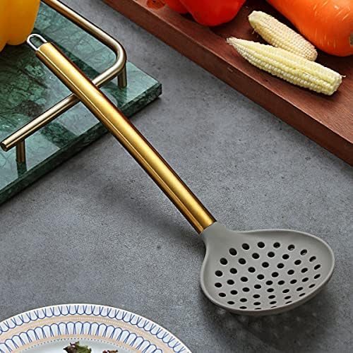 Gold Skimmer, Berglander Non-stick Silicone Strainer With Titanium Gold Plating handle, Kitchen Cooking Skimmers For Non-Stick Cookware, Dishwasher Safe, Easy to Clean