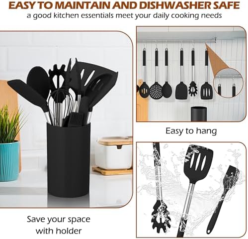 HaWare 29 PCS Silicone Cooking Utensils Set, Heat Resistant Kitchen Utensils Set with Stainless Steel Handle, Spatula Sets with Holder and Hooks, Kitchen Tools Gadgets for Nonstick Cookware -Black