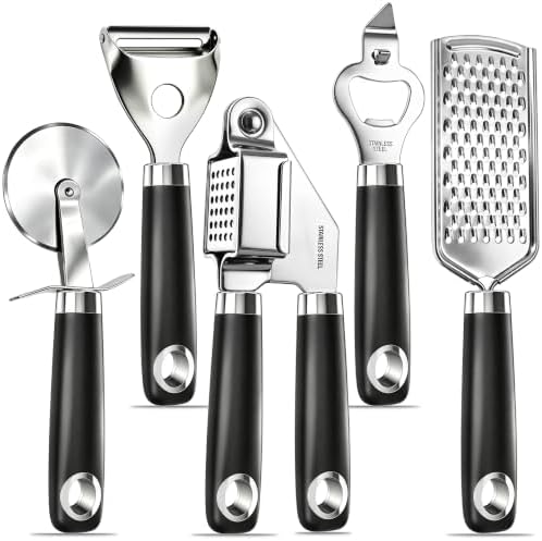 Kitchen 18/0 Stainless Steel Gadgets Utensil Set, Good Grip Utensils, Can Opener, Cheese Grater, Peeler, Pizza Cutter, Garlic Press, 5 Pcs
