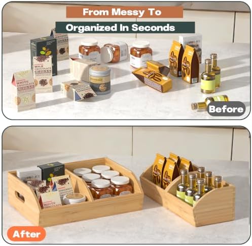Potato and Onion Storage Bin, Stackable Pantry Organizers for Kitchen Countertop, Ventilated Bamboo Storage Baskets with Handles, Multipurpose Organization Containers for Fruit, Vegetable, 3 Pack