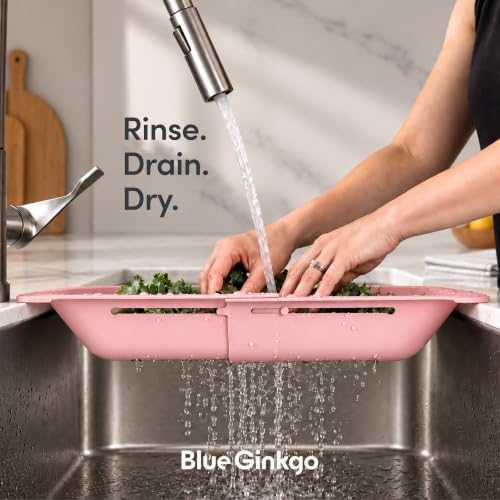 Blue Ginkgo Over Sink Colander, Extendable Kitchen Strainer, Pink