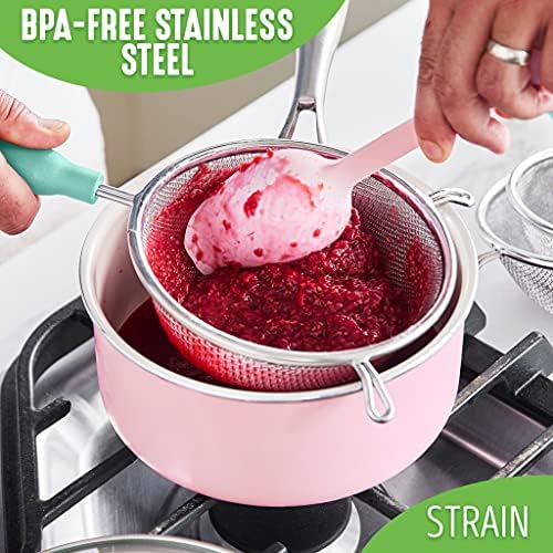 GreenLife Cooking Tools and Utensils, 4 Piece Extra Fine Stainless Steel Mesh Strainer Kitchen Set, Stay Cool Handles, Dishwasher Safe, BPA-Free, Turquoise