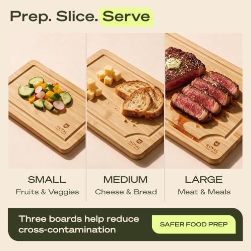 ROYAL CRAFT WOOD Wooden Cutting Boards for Kitchen Meal Prep & Serving - Bamboo Wood Serving Board Set with Deep Juice Groove Side Handles - Charcuterie & Chopping Butcher Block for Meat