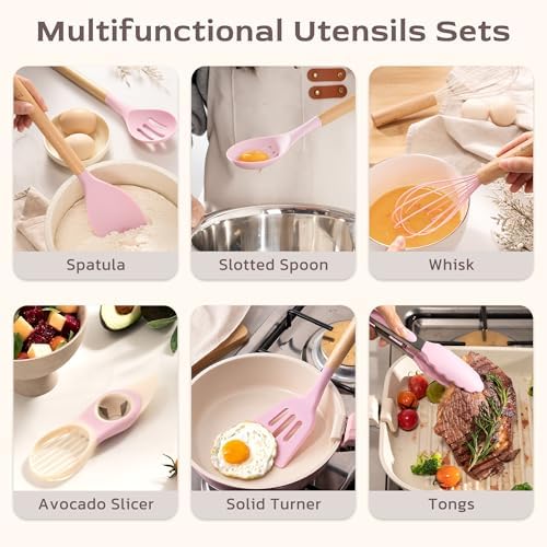Astercook Kitchen Utensils set, 39 PCS Silicone Cooking Utensils Set with Wooden Handle, 446°F Heat Resistant Food Grade Utensil Sets, BPA Free Kitchen Gadgets Tools Set for Nonstick Cookware (Pink)
