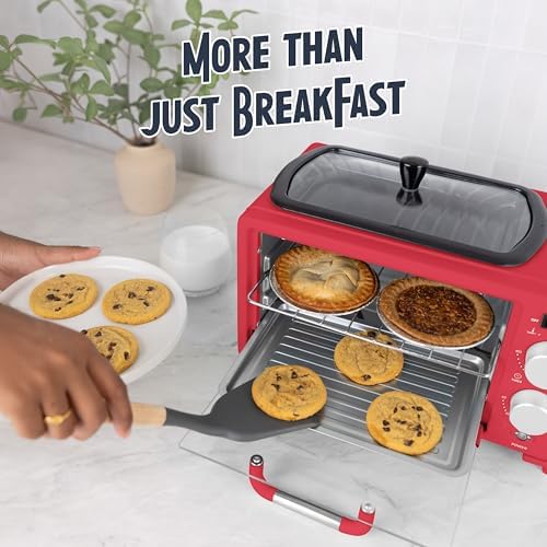 Nostalgia 3-in-1 Retro Breakfast Station - Includes 5 (4 Oz) Cup Coffee Maker, Non-Stick Ceramic Griddle, and 4-Slice Toaster Oven - Built-In Timer, Reusable Coffee Filter, Space-Saving Design - Red