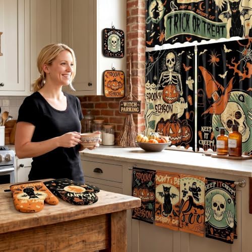 13 Pcs Vintage Gothic Halloween Kitchen Decor, Kitchen Rugs Curtains Set