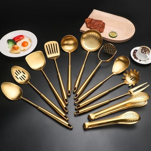 304 Stainlss Steel Matte Kitchen Utensils Set, 12 Pcs Long Metal Cooking Utensil Gadgets Tools Set with Spatula, Ladle, Spoon, Ladle, Skimmer, Tunner, Pasta Server, Tongs(Gold, Dishwasher Safe)