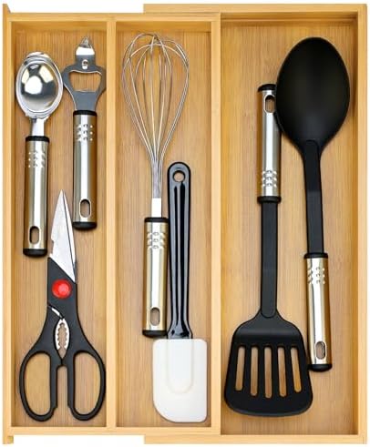 Large Bamboo Kitchen Utensil Drawer Organizer Expandable Silverware Tray