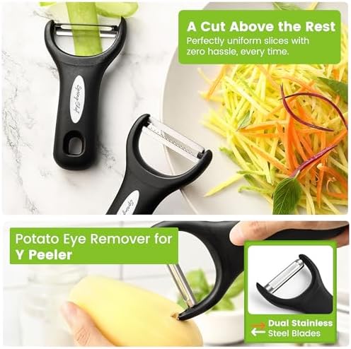 Spring Chef Premium Y & Vegetable Julienne Peeler Set for Kitchen with Stainless Steel Sharp Blades - Carrot Peelers with Comfortable Handles - Perfect for Zucchini, Cucumber, Papaya, Potato - Black